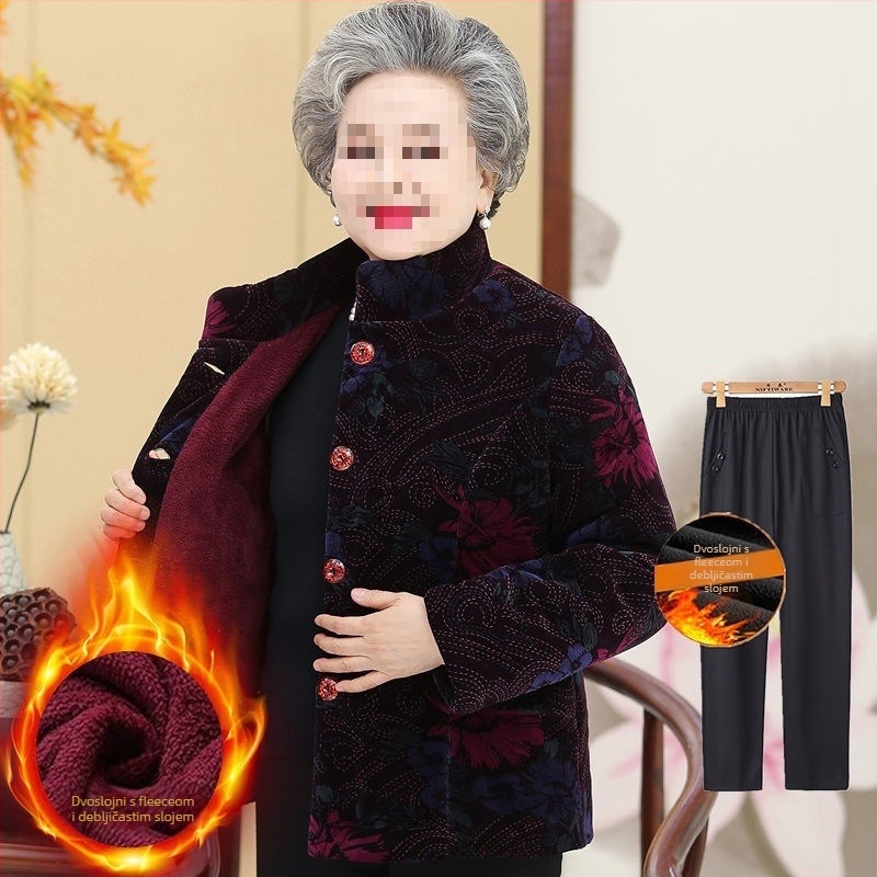 Zimska podstavljena jakna za starije žene; dugi rukavi; materijal: ovčja vuna; glavni materijal: PVC