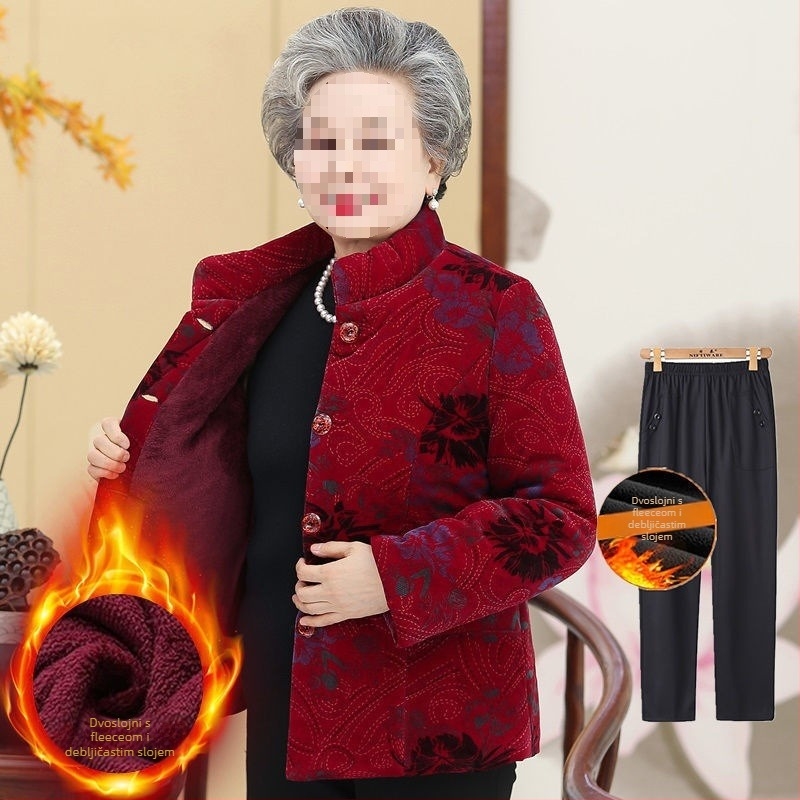 Zimska podstavljena jakna za starije žene; dugi rukavi; materijal: ovčja vuna; glavni materijal: PVC
