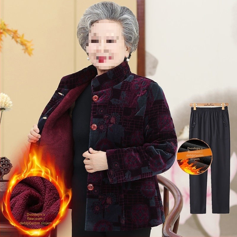 Zimska podstavljena jakna za starije žene; dugi rukavi; materijal: ovčja vuna; glavni materijal: PVC