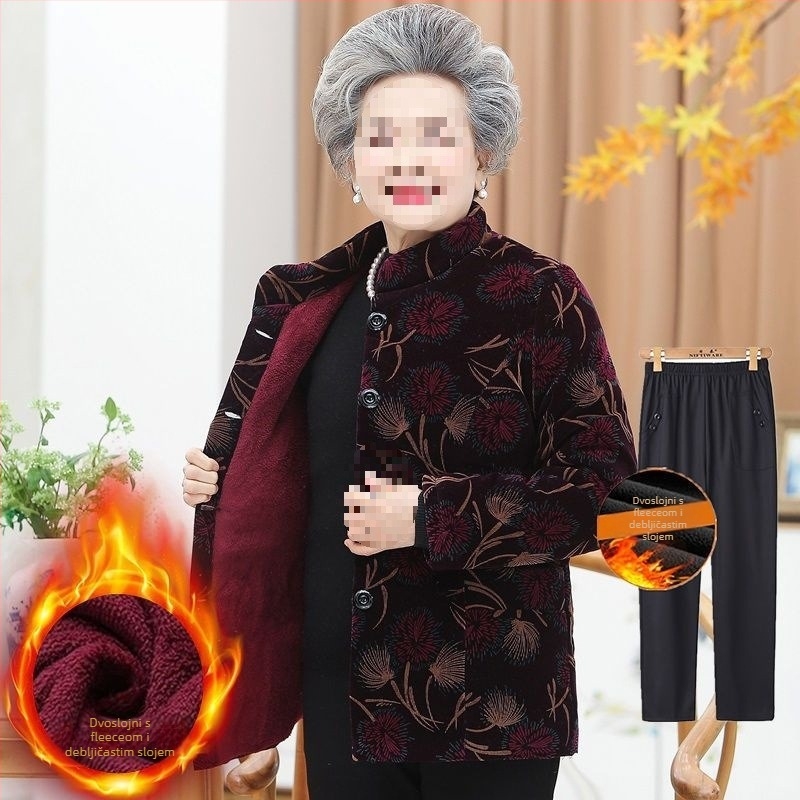 Zimska podstavljena jakna za starije žene; dugi rukavi; materijal: ovčja vuna; glavni materijal: PVC