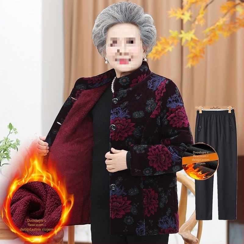 Zimska podstavljena jakna za starije žene; dugi rukavi; materijal: ovčja vuna; glavni materijal: PVC