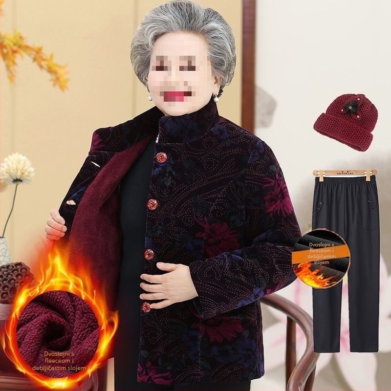 Zimska podstavljena jakna za starije žene; dugi rukavi; materijal: ovčja vuna; glavni materijal: PVC