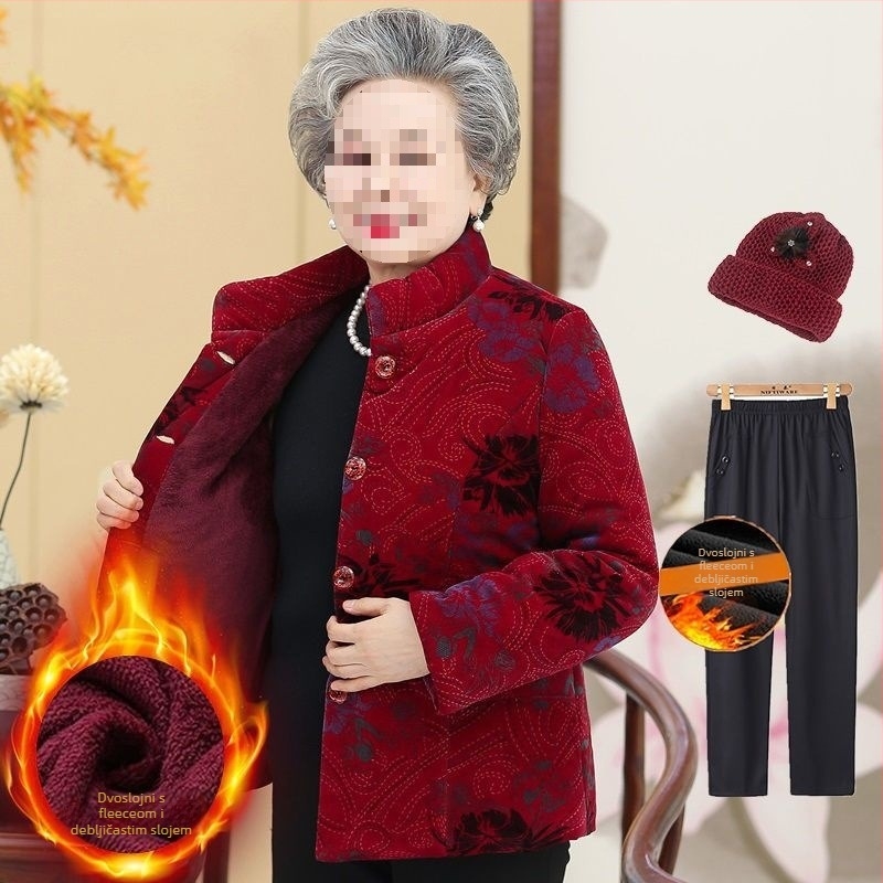 Zimska podstavljena jakna za starije žene; dugi rukavi; materijal: ovčja vuna; glavni materijal: PVC