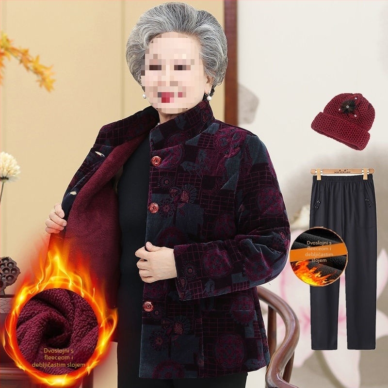 Zimska podstavljena jakna za starije žene; dugi rukavi; materijal: ovčja vuna; glavni materijal: PVC