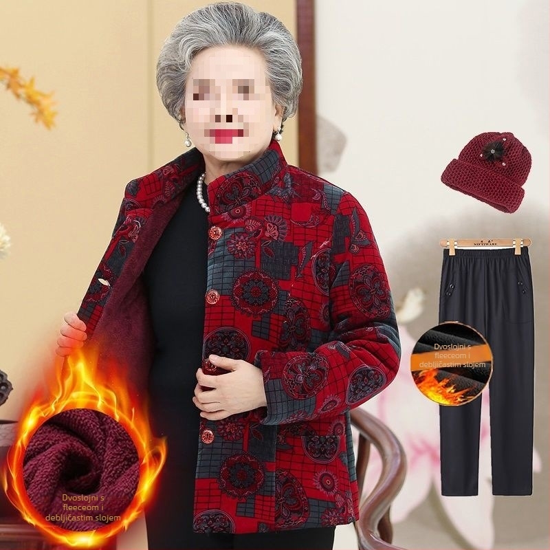 Zimska podstavljena jakna za starije žene; dugi rukavi; materijal: ovčja vuna; glavni materijal: PVC