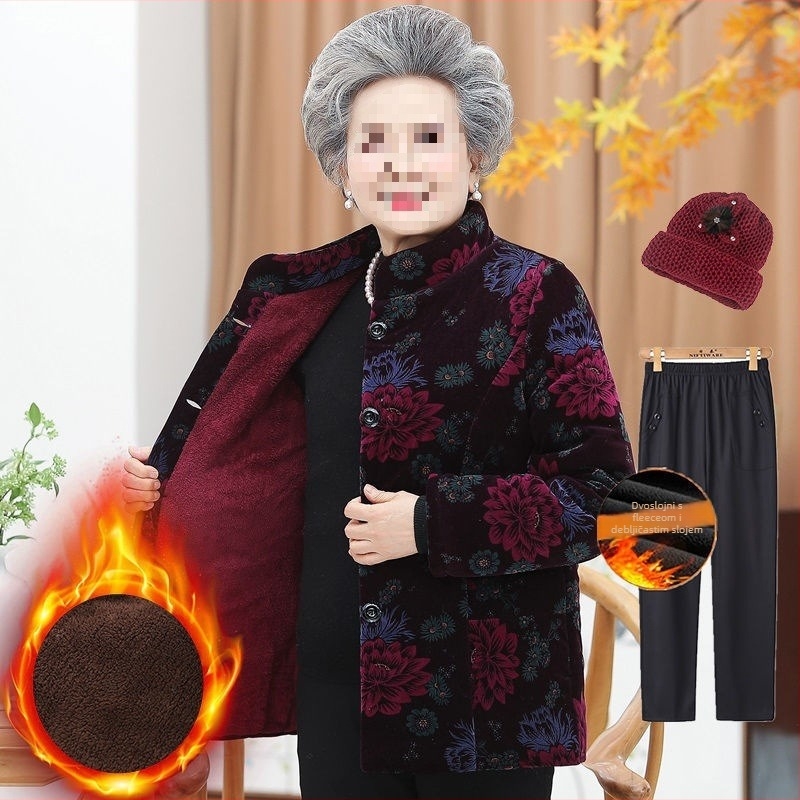 Zimska podstavljena jakna za starije žene; dugi rukavi; materijal: ovčja vuna; glavni materijal: PVC