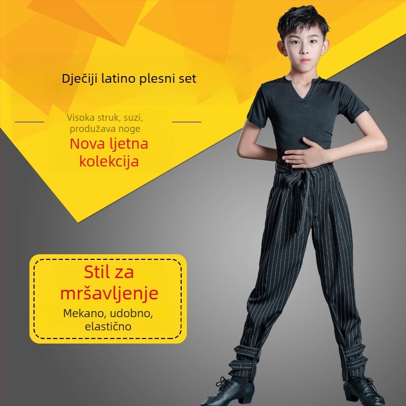 Dječji kostim za latinski ples sa prugastim hlačama, dječja odjeća za trening latino plesa, Milk Silk tkanina, poliester 50% + podstava pamuk 50%