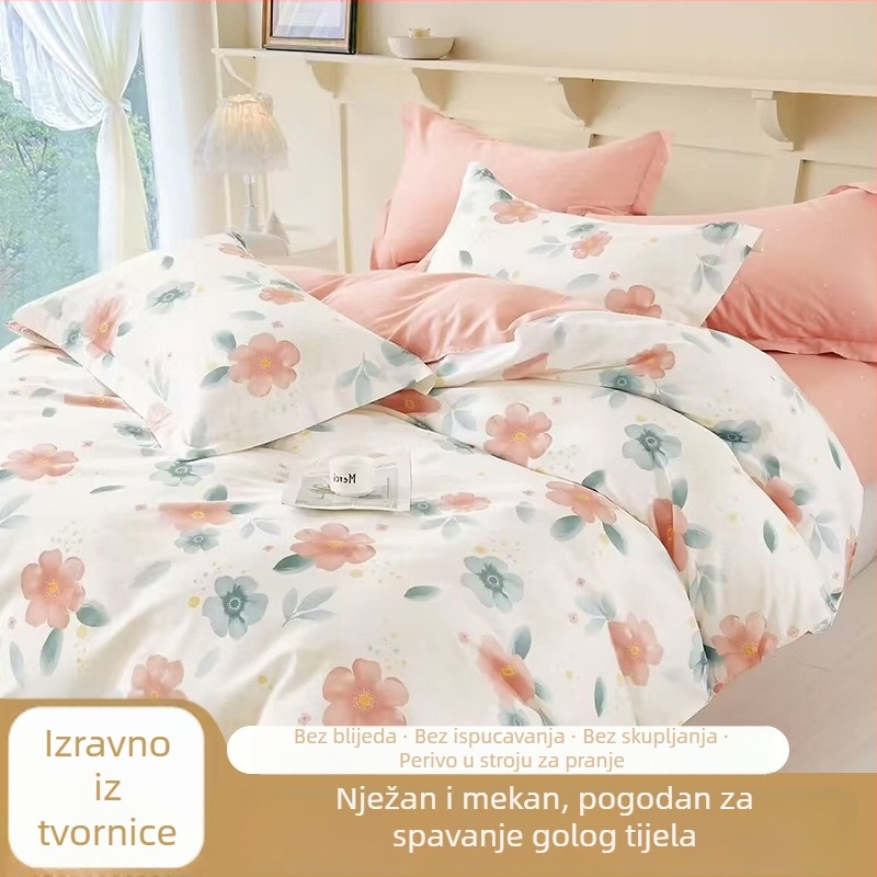 Pamukasti četverodijelni set posteljine s motivom biljaka i cvijeća, za sve sezone, INS-stil, reaktivno bojanje