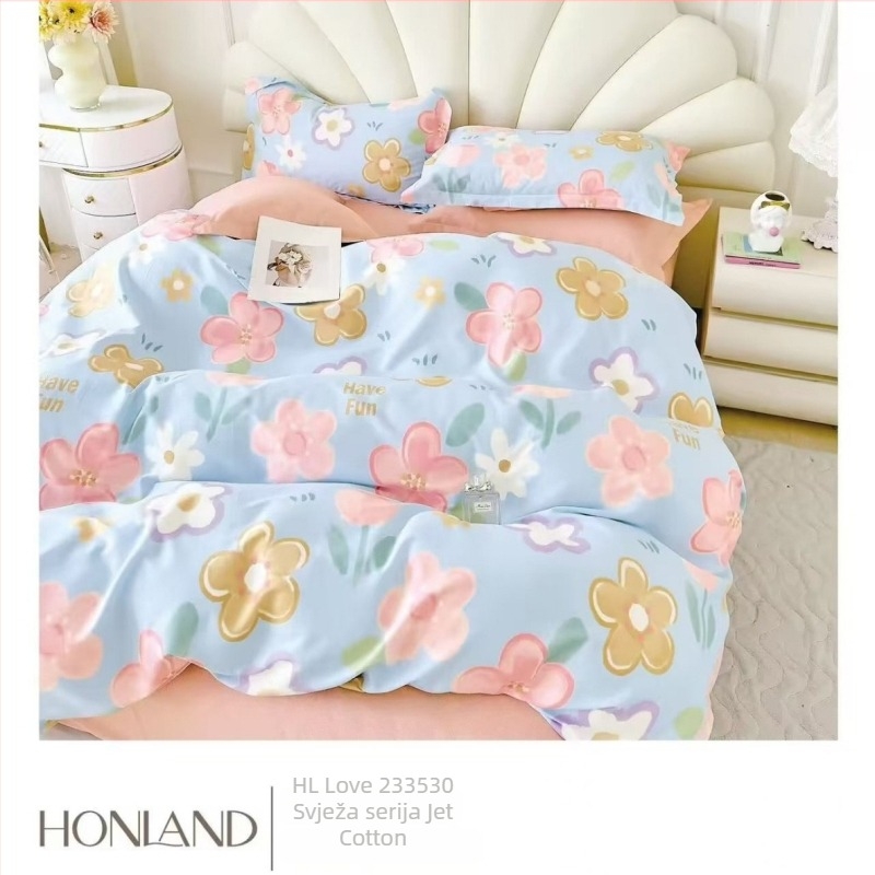 Pamukasti četverodijelni set posteljine s motivom biljaka i cvijeća, za sve sezone, INS-stil, reaktivno bojanje