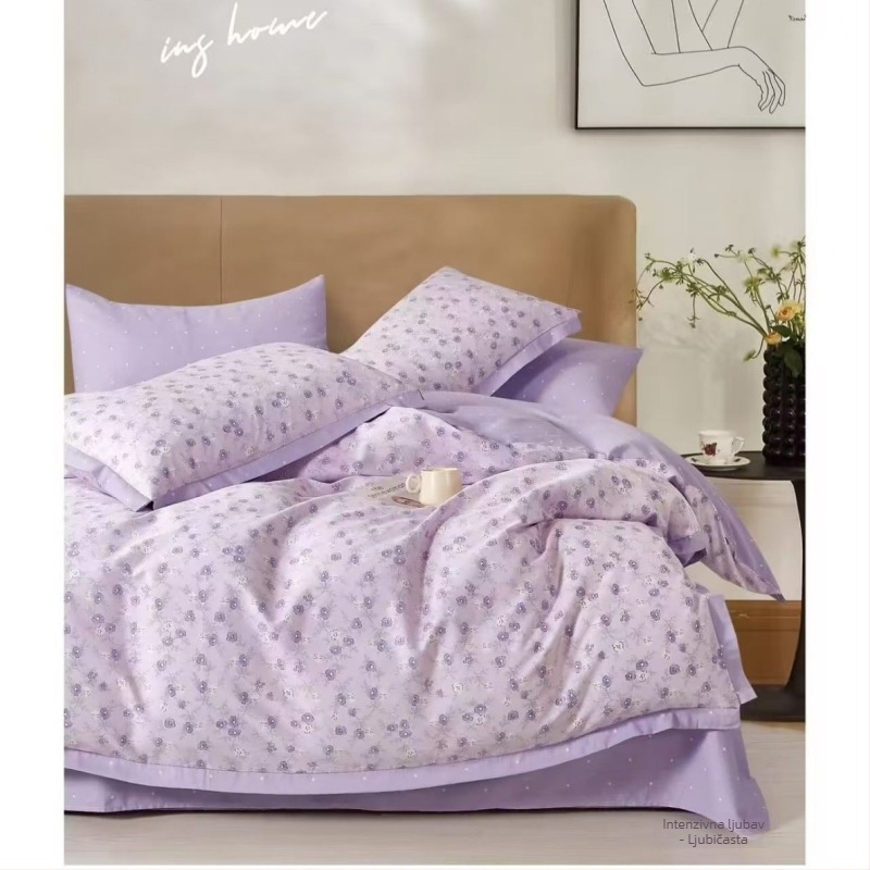 Pamukasti četverodijelni set posteljine s motivom biljaka i cvijeća, za sve sezone, INS-stil, reaktivno bojanje