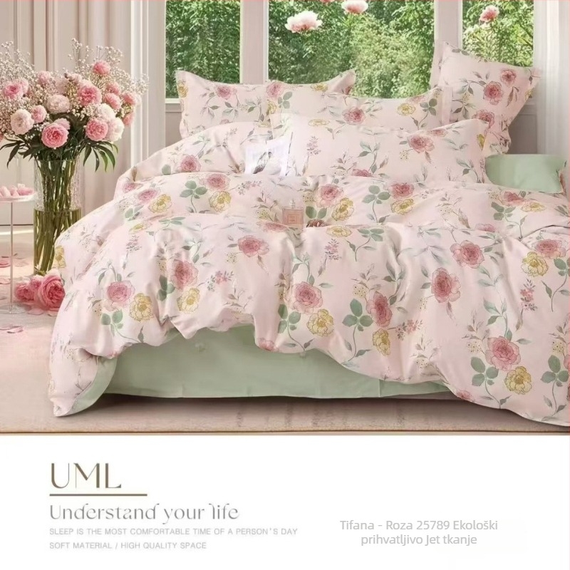 Pamukasti četverodijelni set posteljine s motivom biljaka i cvijeća, za sve sezone, INS-stil, reaktivno bojanje