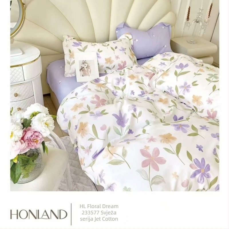 Pamukasti četverodijelni set posteljine s motivom biljaka i cvijeća, za sve sezone, INS-stil, reaktivno bojanje