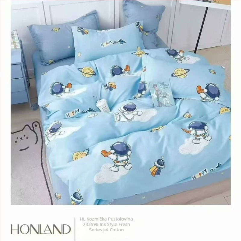 Pamukasti četverodijelni set posteljine s motivom biljaka i cvijeća, za sve sezone, INS-stil, reaktivno bojanje