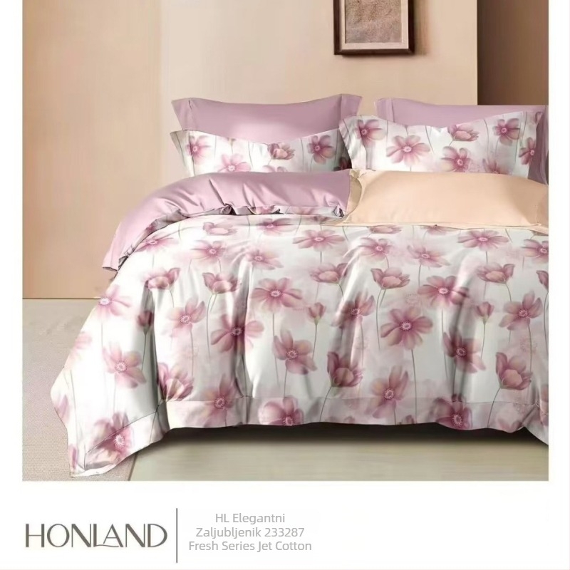 Pamukasti četverodijelni set posteljine s motivom biljaka i cvijeća, za sve sezone, INS-stil, reaktivno bojanje