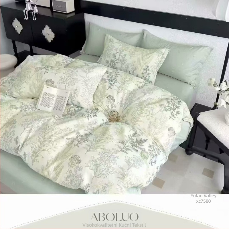 Pamukasti četverodijelni set posteljine s motivom biljaka i cvijeća, za sve sezone, INS-stil, reaktivno bojanje