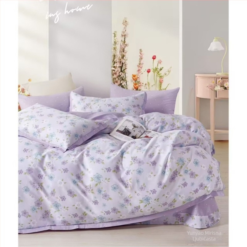 Pamukasti četverodijelni set posteljine s motivom biljaka i cvijeća, za sve sezone, INS-stil, reaktivno bojanje
