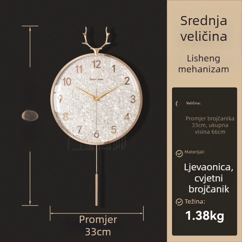Zidni sat u svijetlom luksuznom stilu, model 985, mehanički pogon, Sun pogon, baterijsko napajanje, metalni brojčanik, stakleni poklopac, dnevni boravak
