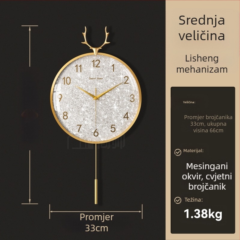 Zidni sat u svijetlom luksuznom stilu, model 985, mehanički pogon, Sun pogon, baterijsko napajanje, metalni brojčanik, stakleni poklopac, dnevni boravak
