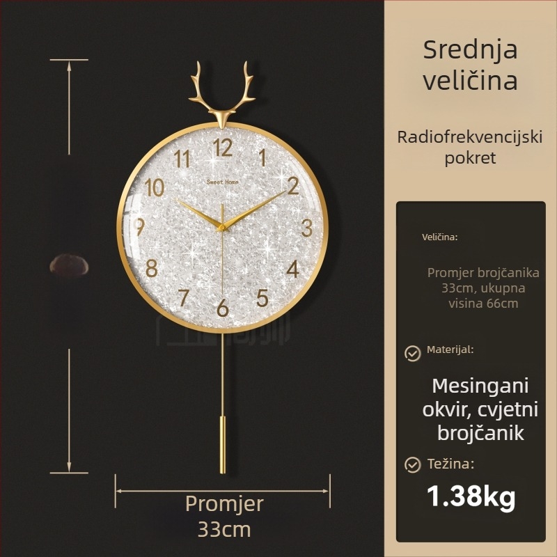 Zidni sat u svijetlom luksuznom stilu, model 985, mehanički pogon, Sun pogon, baterijsko napajanje, metalni brojčanik, stakleni poklopac, dnevni boravak
