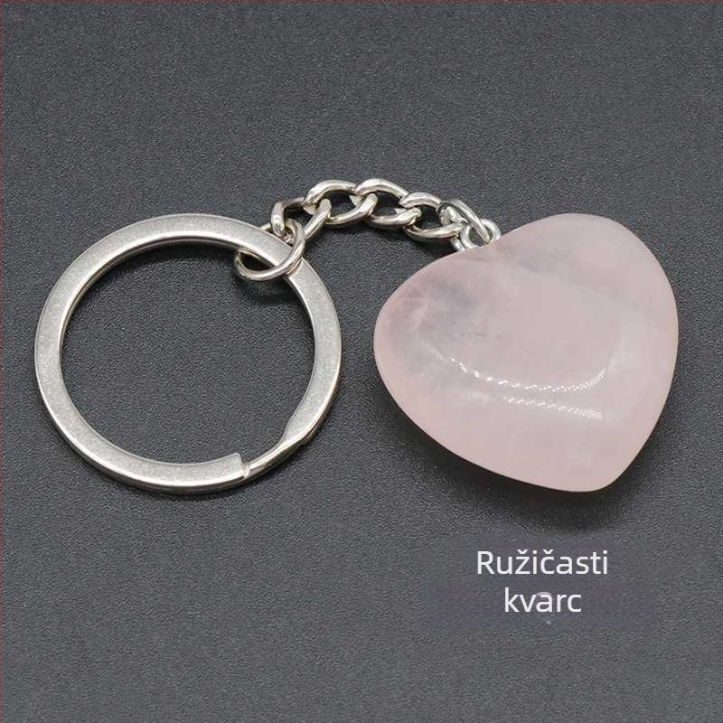 Prirodni ružičasti kvarc – privjesak za ključeve u obliku srca, promjera 30 mm – kristalni kamen