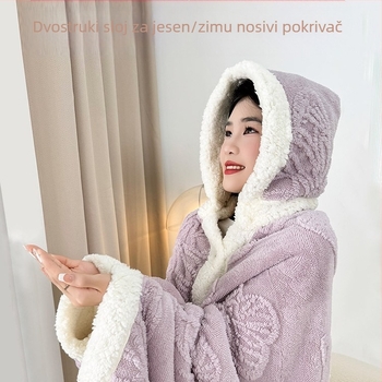 Kapuljača deka za ured – 300 g koralni fleece, geometrijski uzorak, 100% poliester, proljeće/jesen, s funkcijom skladištenja