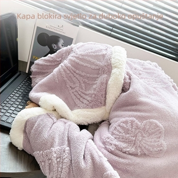 Kapuljača deka za ured – 300 g koralni fleece, geometrijski uzorak, 100% poliester, proljeće/jesen, s funkcijom skladištenja