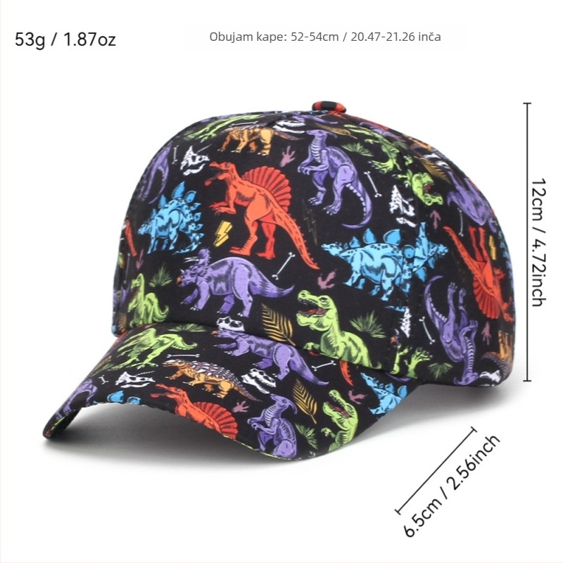 Dječja baseball kapa s digitalnim printom dinosaura, poliester, zakrivljeni rub, zaobljena kruna, za uzrast 2-6 godina