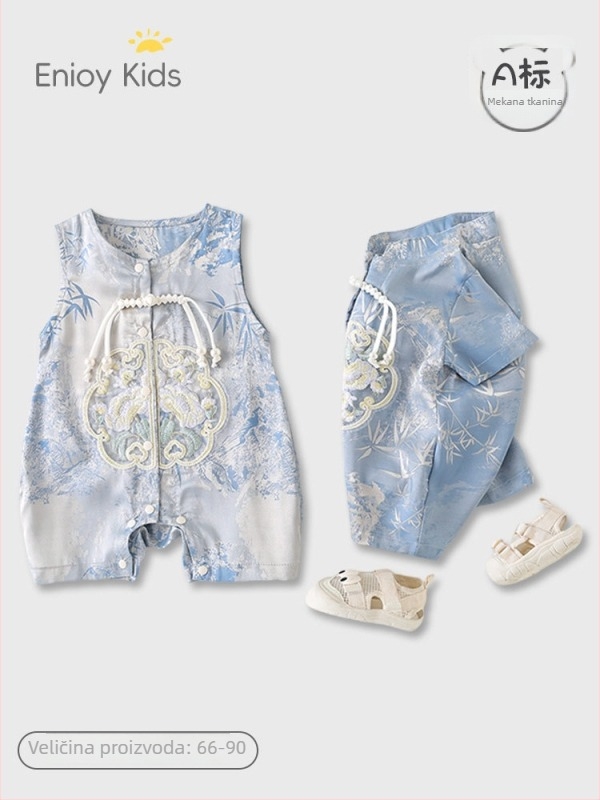 Romper za ljeto tipa A u kineskom stilu za dječake, tanak poliester, kratki rukav, jednostruko zatvaranje na gumbe, za uzrast 1–3 godine