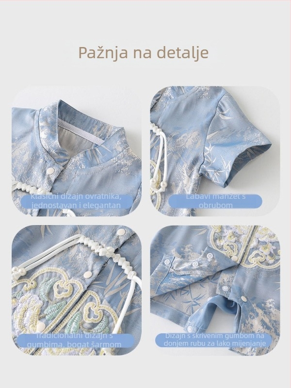 Romper za ljeto tipa A u kineskom stilu za dječake, tanak poliester, kratki rukav, jednostruko zatvaranje na gumbe, za uzrast 1–3 godine