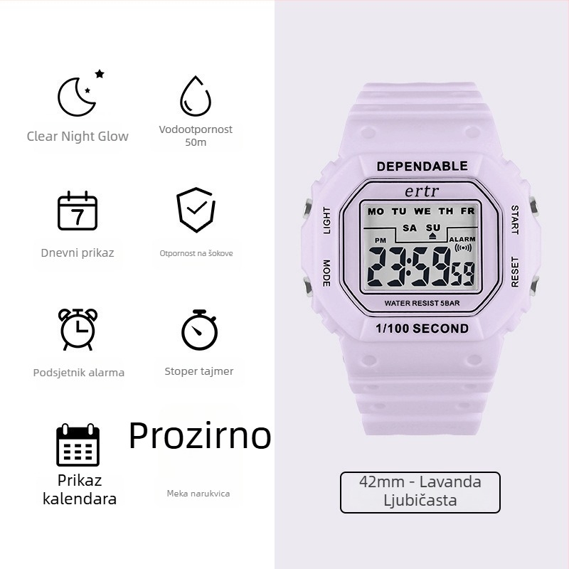 Elektronički sat za djevojke-učennice s motivom jednoroga, jednostavan i elegantan dizajn, vodootporan do 30m, kvadratni brojčanik, gumeni remen, elektronički pogon