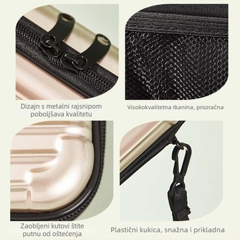 Kozmetička torbica s čvrstim kućištem od ABS+PC, vodootporna i periva, s džepom na zatvarač, kapacitet ispod 20 litara.