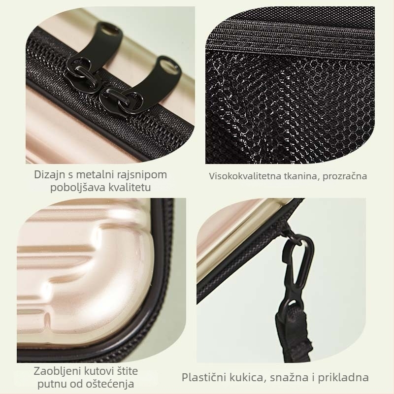 Kozmetička torbica s čvrstim kućištem od ABS+PC, vodootporna i periva, s džepom na zatvarač, kapacitet ispod 20 litara.