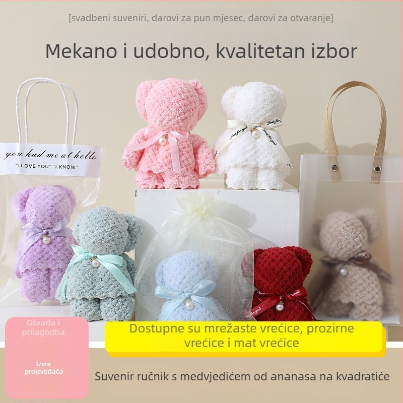 Set ručnika s uzorkom medvjedića i ananasa, mikrovlakno, koralno baršun, debeli, upijajući, četvrtasti i ručnik za lice, svadbeni dar