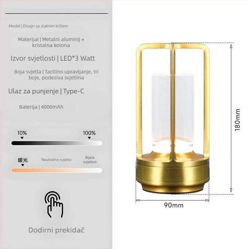 Stolna lampica s križnim kristalnim dizajnom, punjiva, upravljanje dodirom, ambijentalna rasvjeta, metalni držač