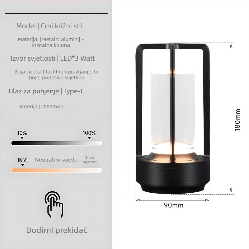 Stolna lampica s križnim kristalnim dizajnom, punjiva, upravljanje dodirom, ambijentalna rasvjeta, metalni držač