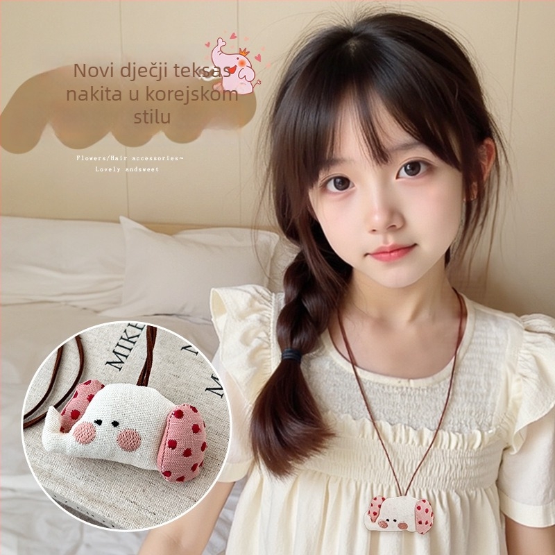 Dječja ogrlica s 3D zeko karikaturom i malim privjeskom jabuke, platneni privjesak, produženi lanac 11 cm+, za uzrast 3–10 godina