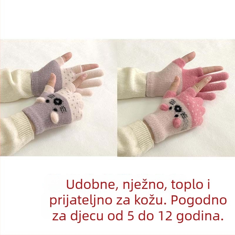 Dječje rukavice s veluru podstavom, dvoprstni dizajn, kompatibilne s dodirnim zaslonom, cartoon stil, za jesen-zimu