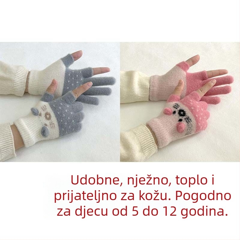 Dječje rukavice s veluru podstavom, dvoprstni dizajn, kompatibilne s dodirnim zaslonom, cartoon stil, za jesen-zimu