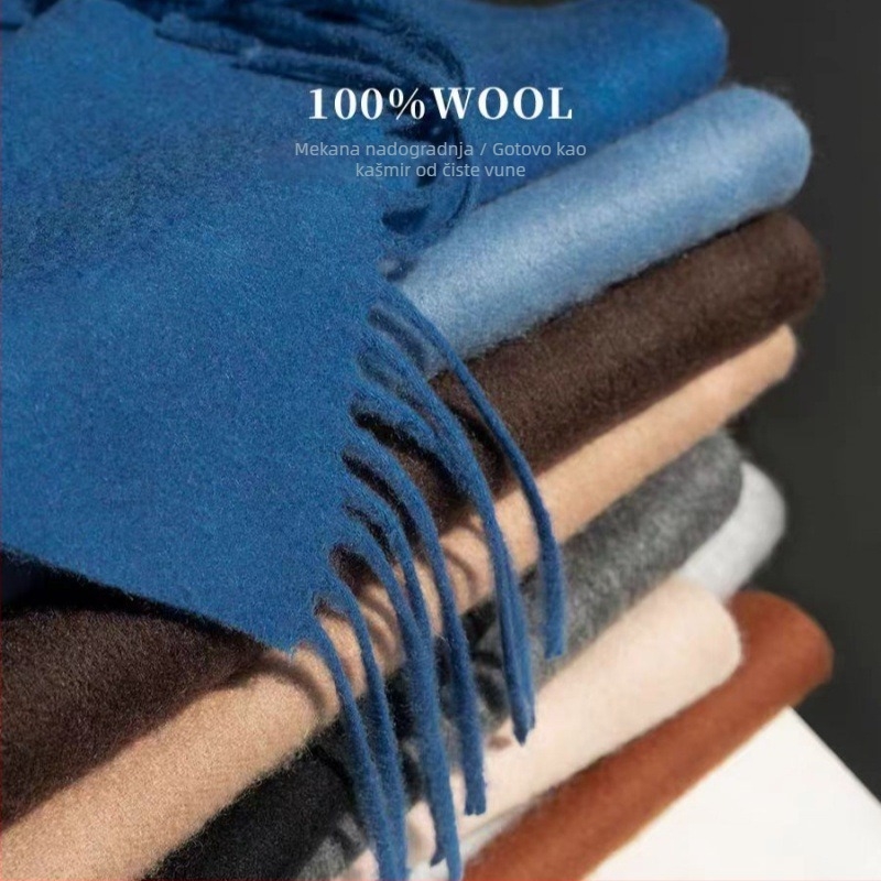 Ženski šal od 100% vune, obična tkanina, čuva toplinu, jesenki stil, elegantan i poslovan stil, svestran dodatak, uzorak vodnih valova s resicama