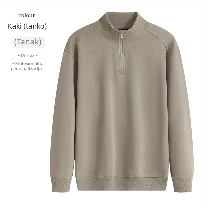 Majica-sweatshirt s stojećim ovratnikom i poluzipom, otisak logotipa, pamukova mješavina, široki kroj