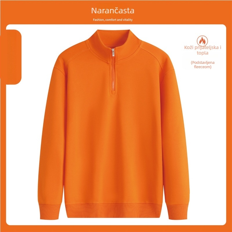 Majica-sweatshirt s stojećim ovratnikom i poluzipom, otisak logotipa, pamukova mješavina, široki kroj