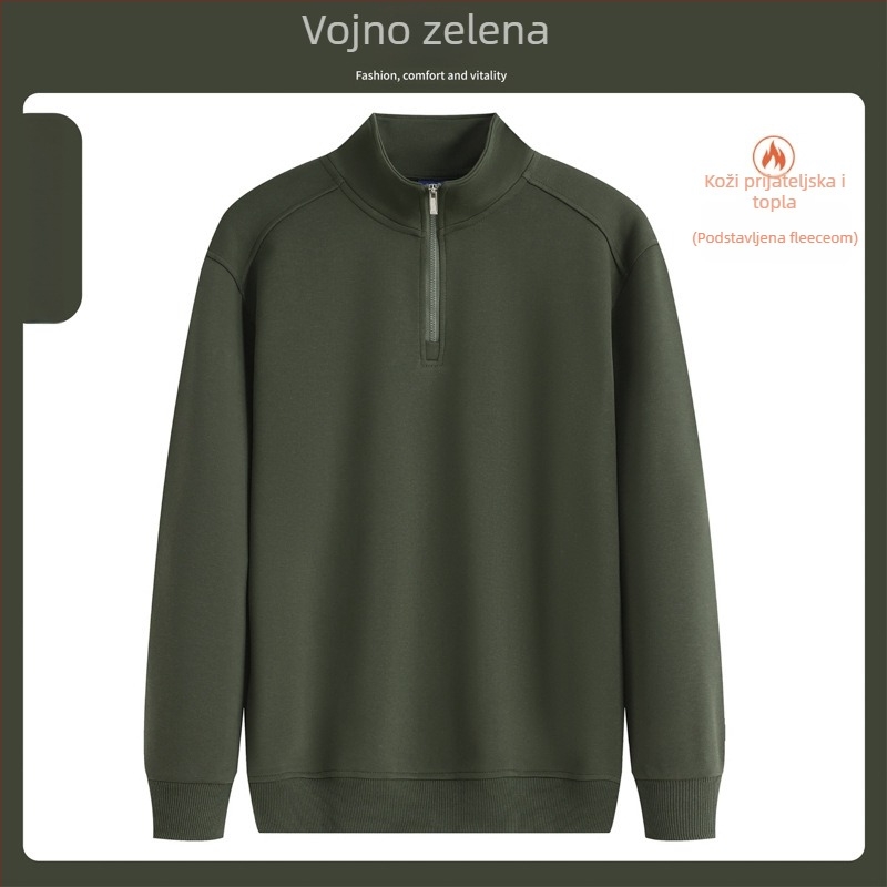 Majica-sweatshirt s stojećim ovratnikom i poluzipom, otisak logotipa, pamukova mješavina, široki kroj