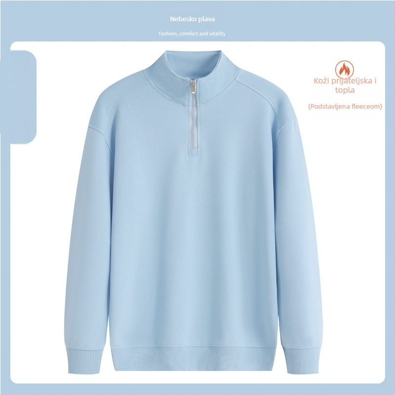 Majica-sweatshirt s stojećim ovratnikom i poluzipom, otisak logotipa, pamukova mješavina, široki kroj