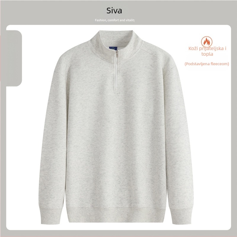Majica-sweatshirt s stojećim ovratnikom i poluzipom, otisak logotipa, pamukova mješavina, široki kroj