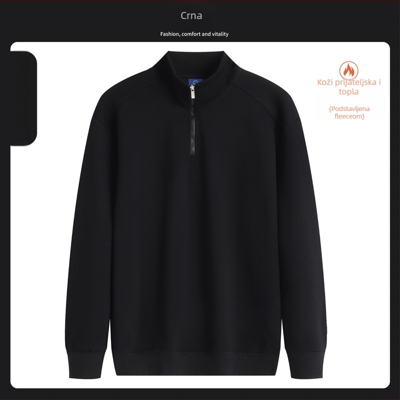 Majica-sweatshirt s stojećim ovratnikom i poluzipom, otisak logotipa, pamukova mješavina, široki kroj