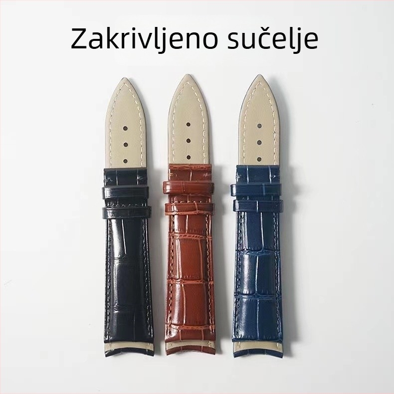 Remen za sat od prve sloje teleće kože, zakrivljeni krajevi, dvostruka koža, kopča leptir i kopča s čavlom