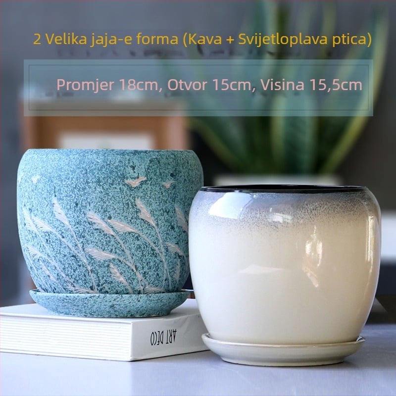 Velika keramička saksija s pladnjem, jaje-oblika minimalistički dizajn za kućne biljke