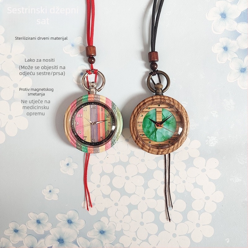 Medički džepni sat – drveni retro dizajn za zdravstvenu sestru ili liječnika, zapis infuzije, tih hod (kvarcni pogon Miyota PC21, promjer brojčanika 49 mm, drveno kućište, metalni remen, spiralna kruna)