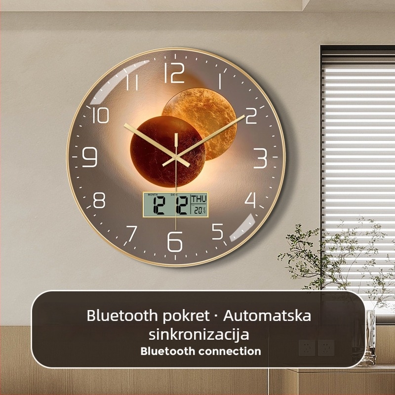 Bluetooth zidni sat s automatskim sinkronizacijom vremena, LED/LCD vječni kalendar, termometar i prikaz dana u tjednu, okrugli, jednostrani, napajanje baterijom, analogno + digitalno prikazivanje