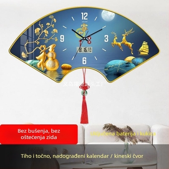 Zidni sat za dnevni boravak s prikazom temperature, oblik ventilatora, kvarcni mehanizam, drveni brojčanik